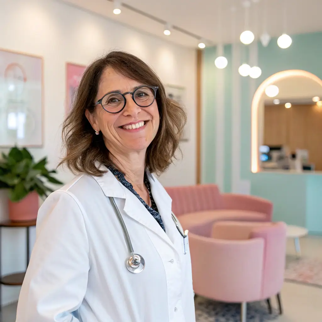 A friendly family doctor smiling in a modern clinic setting, symbolizing patient care and trust.