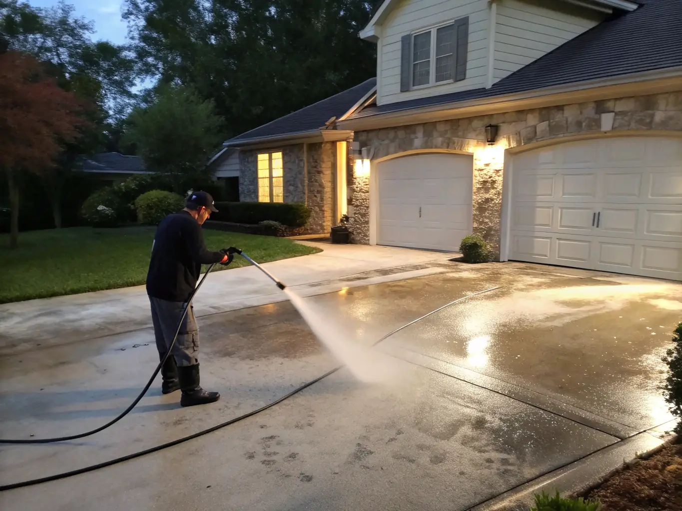 A vibrant, high-resolution image of a professional power washing in action, showcasing a clean driveway or building exterior, emphasizing the effectiveness of Oasis Power Washing services.