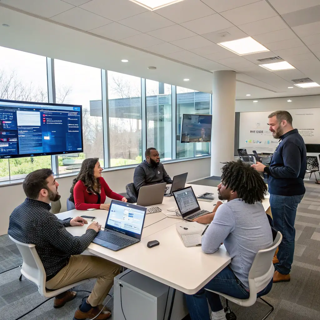 A professional IT support team working on cybersecurity measures in a modern office environment, emphasizing trust and expertise, digital art style