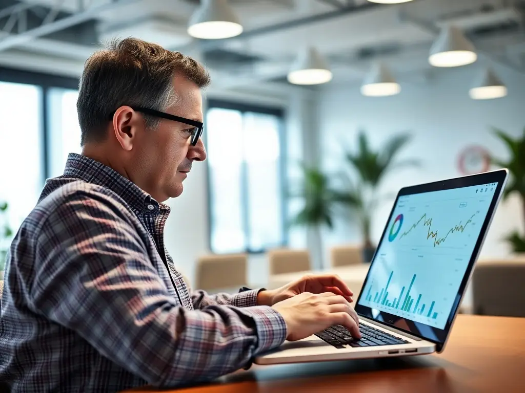 A focused digital marketing expert analyzing PPC campaign data on a computer screen, showcasing charts and graphs indicating improved performance and ROI for a client's online business.