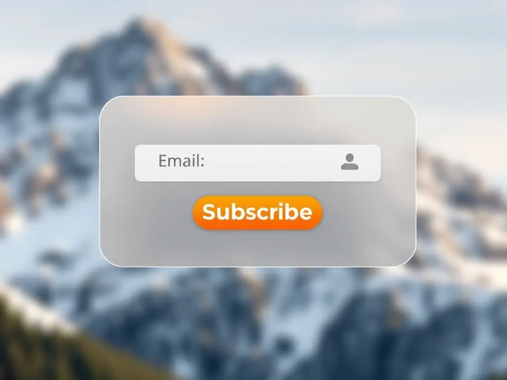 A modern, semi-transparent overlay popup with an email input field, a prominent subscribe button, and a close icon, designed for outdoor adventure enthusiasts, overlaying current content when triggered.