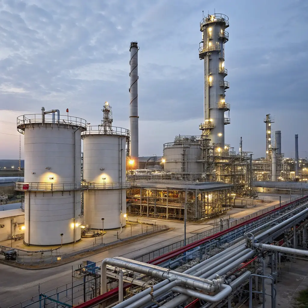 A modern oil refinery with the Qazaqstan Marine Fuels TOO logo subtly displayed. The image should convey a sense of precision, reliability, and global reach, suitable for a petroleum products manufacturing company.