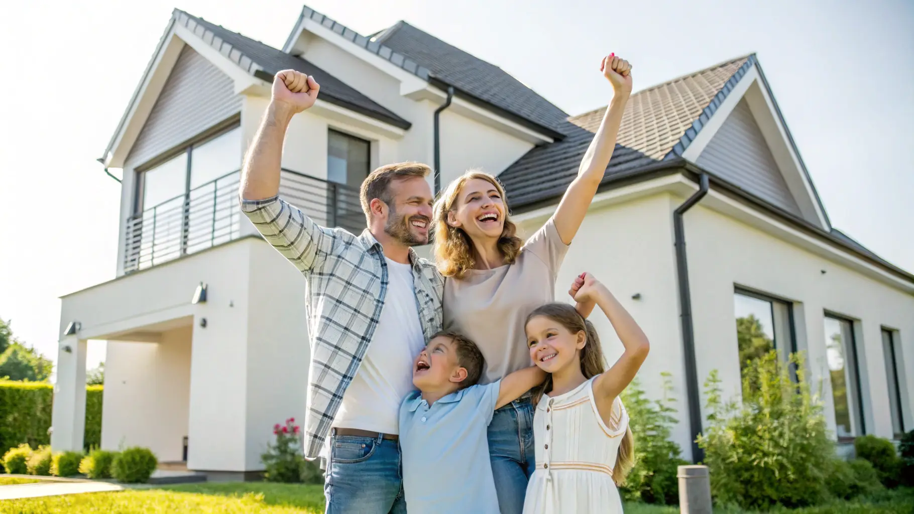A happy family with two parents and two children are smiling and hugging in front of their house.