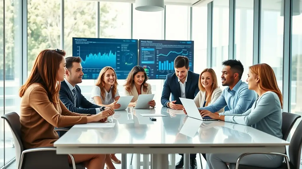 A professional team collaborating in a modern office environment, symbolizing digital transformation and strategic consulting