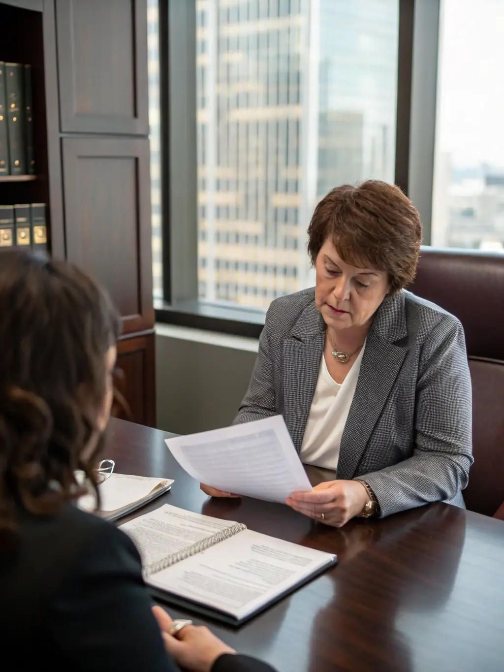 A friendly Trustpoint legal consultant reviewing eviction documents with a client in a well-lit office, emphasizing the initial review process.