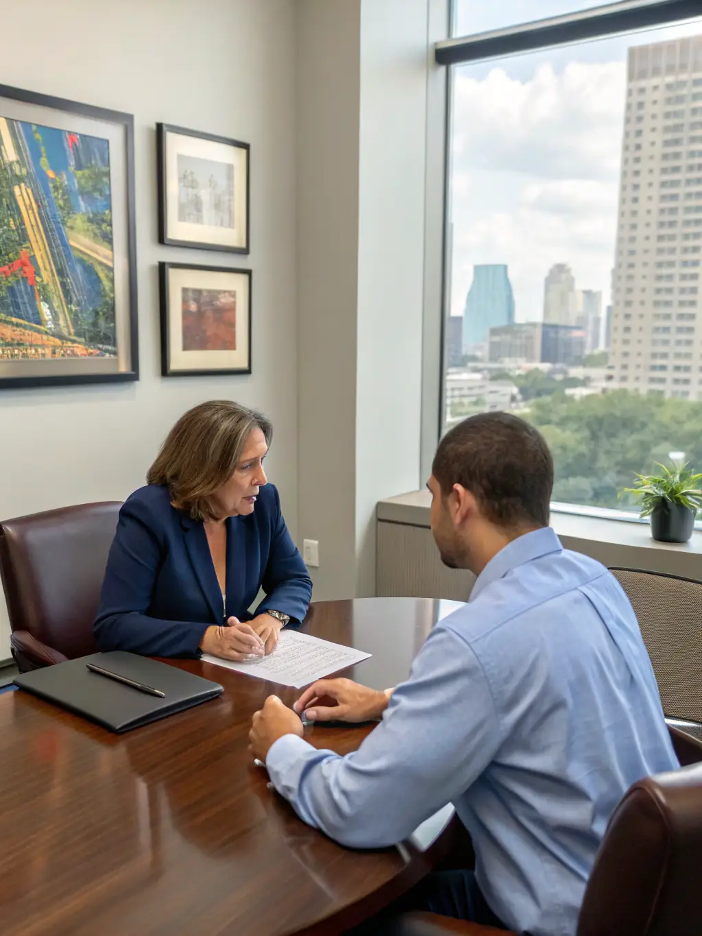 A close-up shot of a Trustpoint lawyer discussing potential defenses with a client, highlighting key points in the legal strategy.