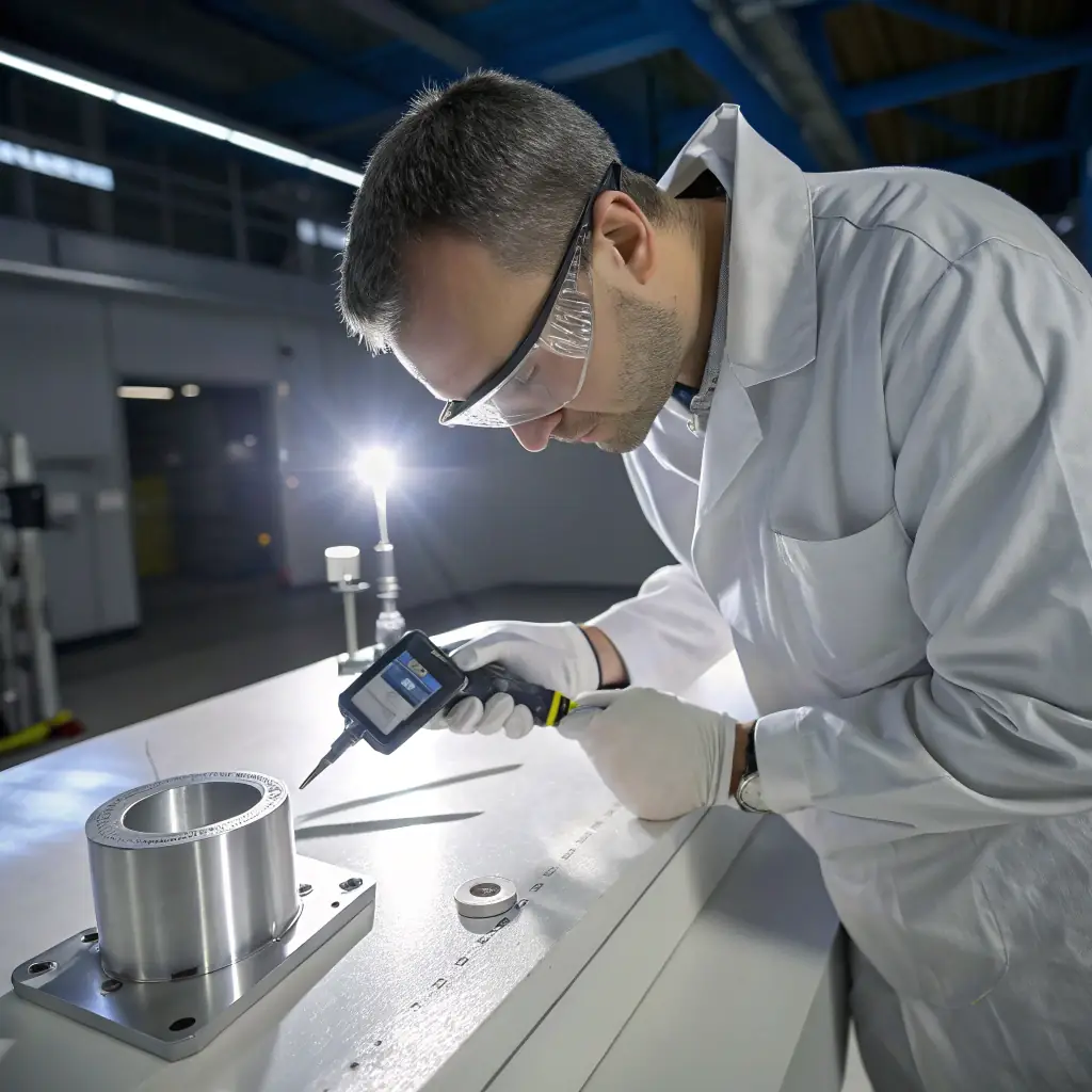 A professional industrial inspector in a clean, modern factory environment using a digital caliper to measure a metal mesh panel, with steel coils and machinery in the background, representing quality control in metal manufacturing.