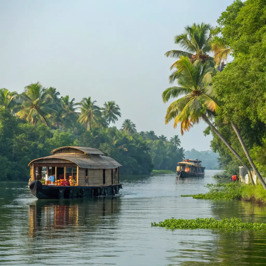 A traditional houseboat sailing on the serene backwaters of Alappuzha, surrounded by lush greenery.