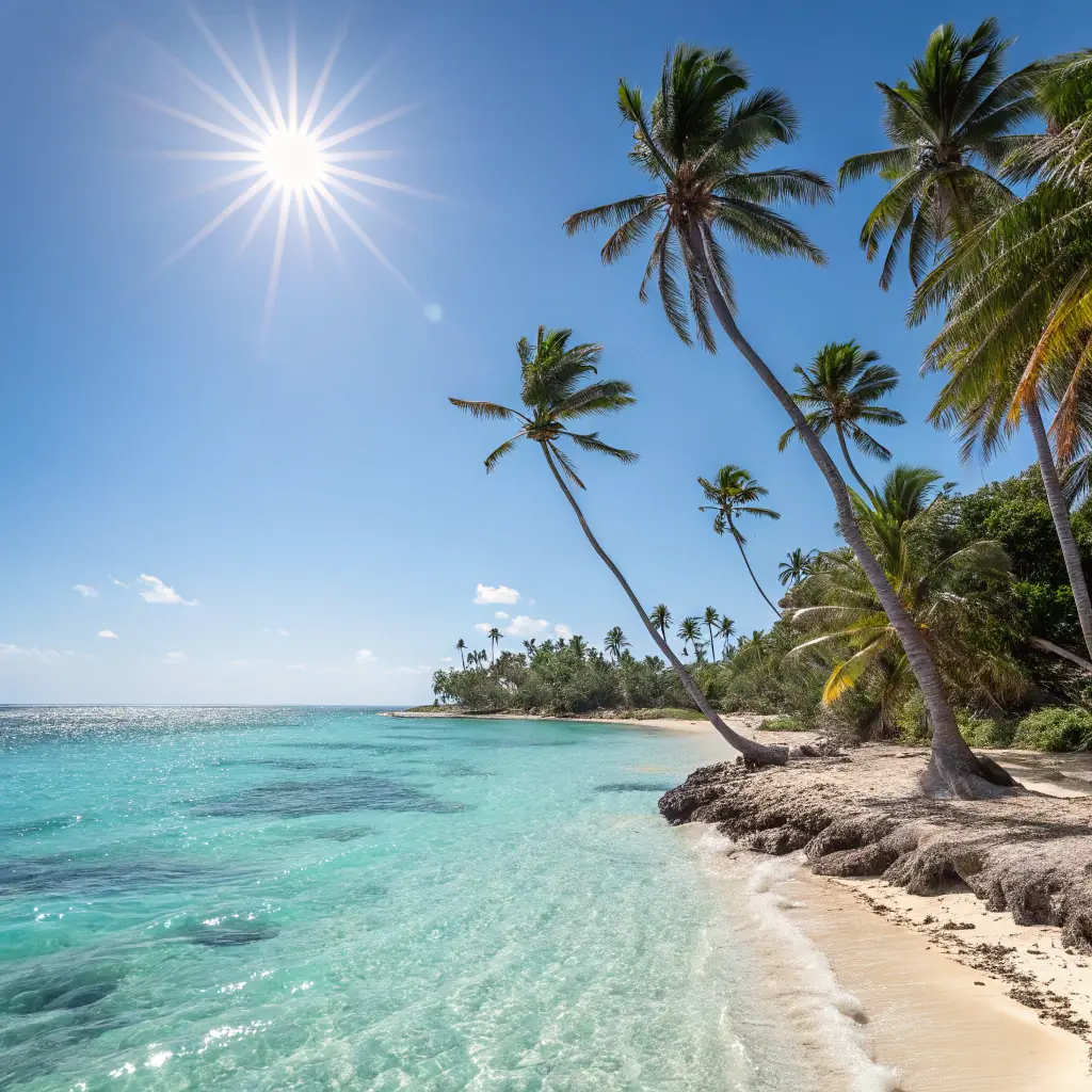 A pristine beach with golden sand and clear blue waters, palm trees swaying in the gentle breeze.