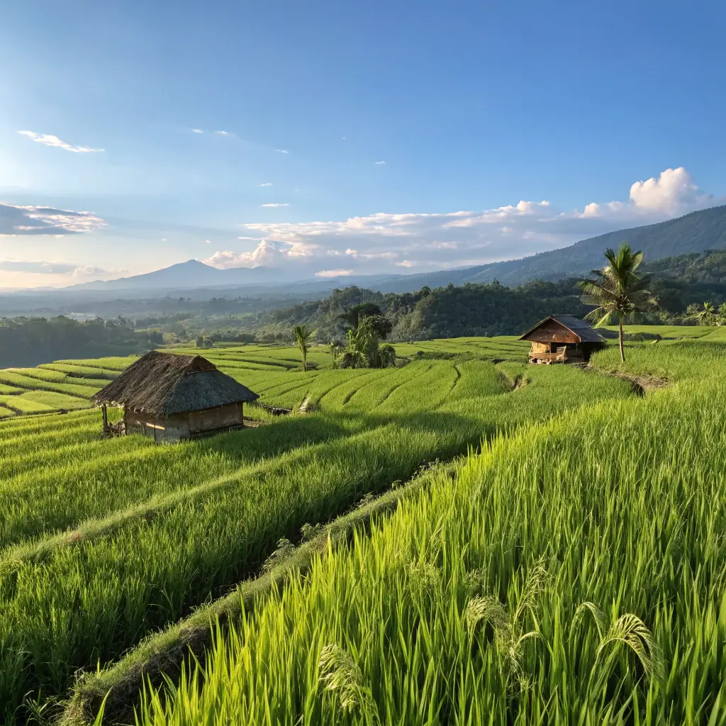 Vast stretches of paddy fields in Kuttanad, the rice bowl of Kerala, with farmers working diligently in the fields.