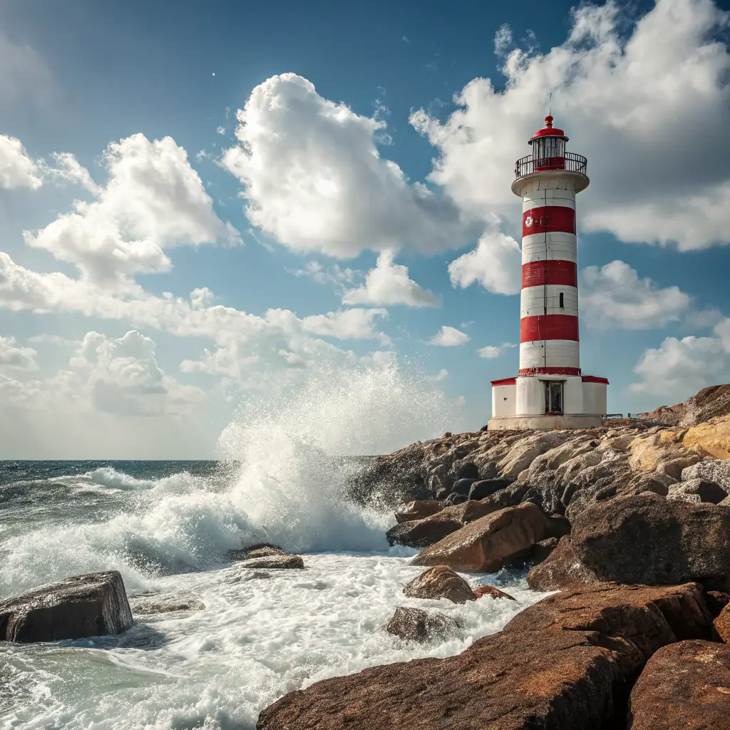 A historic lighthouse standing tall against the backdrop of the Arabian Sea, guiding ships safely to the harbor.
