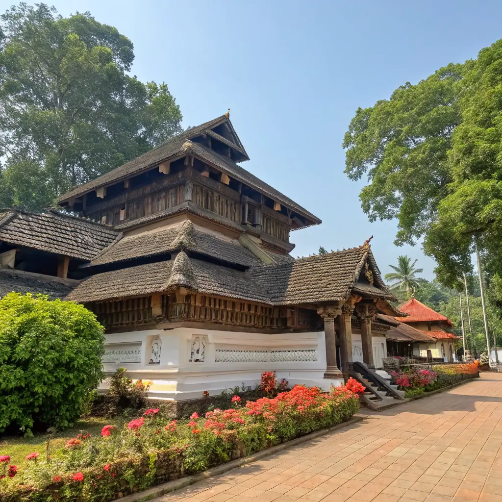 A traditional Kerala temple with a golden roof and intricate carvings, a symbol of faith and cultural heritage.
