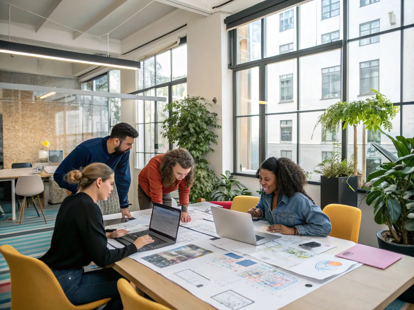 A diverse team of people working together in a modern office, smiling and collaborating on a project. The atmosphere is positive and supportive.