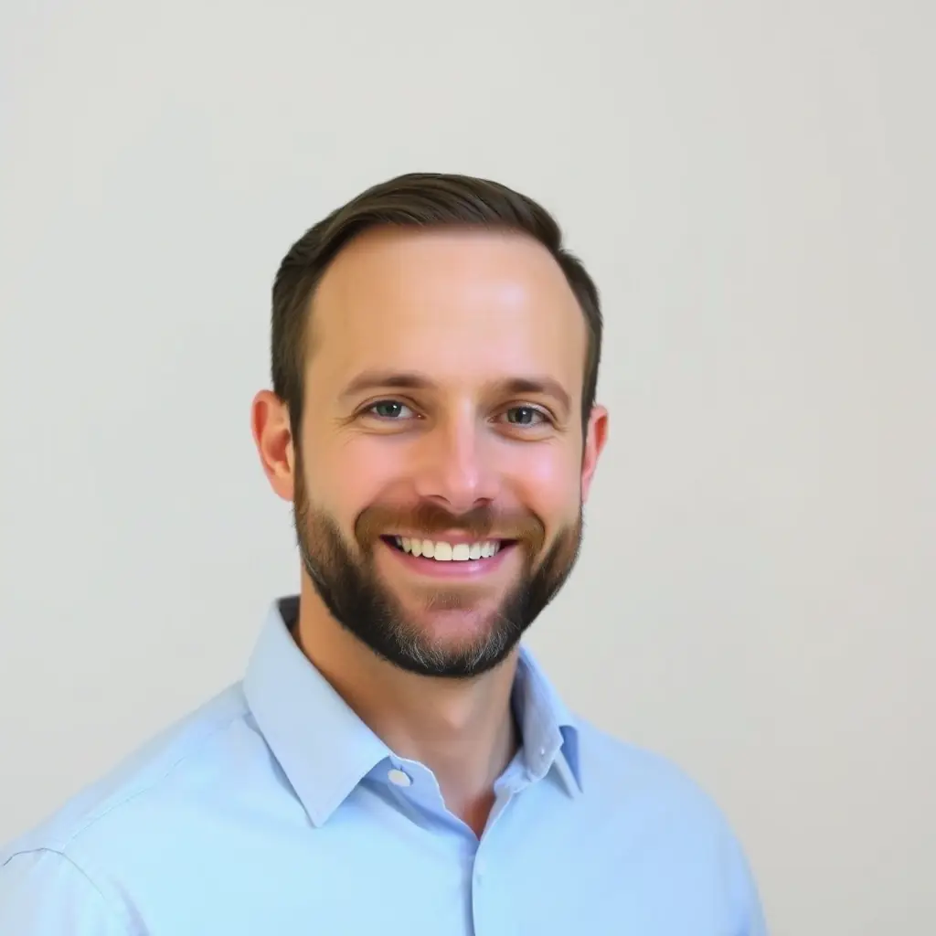 Ben has a friendly, open face with a neatly trimmed beard. He is dressed in a modern, casual style, reflecting his innovative and forward-thinking approach.