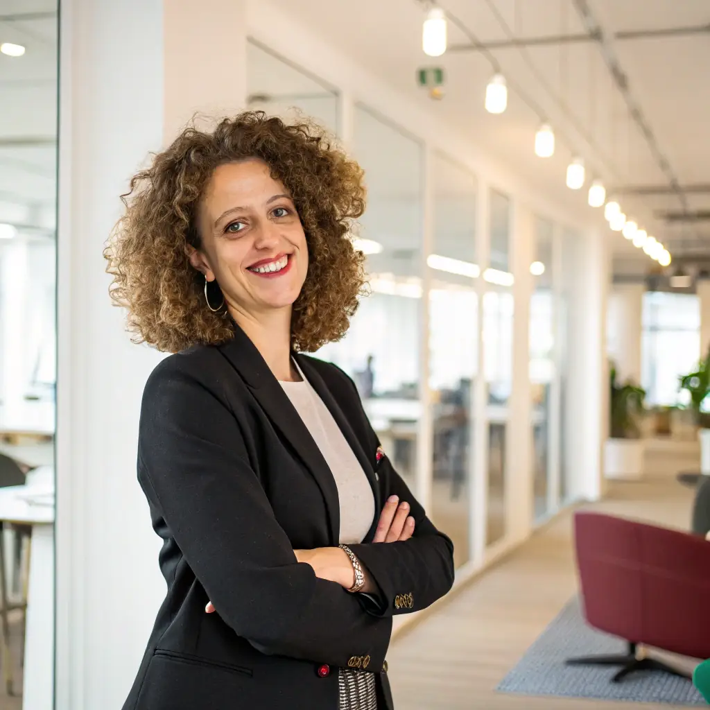 Elena has a bright, engaging smile and expressive eyes. Her professional attire and confident posture reflect her commitment to customer satisfaction.