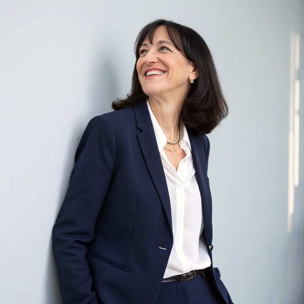 Dr. Sharma has a warm smile and intelligent eyes, framed by her neatly styled dark hair. She wears a professional blazer, projecting confidence and approachability.