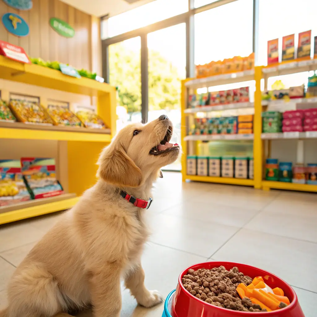 A happy golden retriever sitting in a shopping cart filled with pet supplies, in a brightly lit pet store aisle.