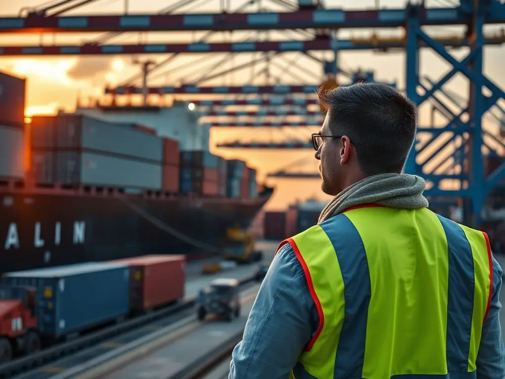 Photo of a logistics professional inspecting cargo at a busy port, symbolizing commitment and expertise.