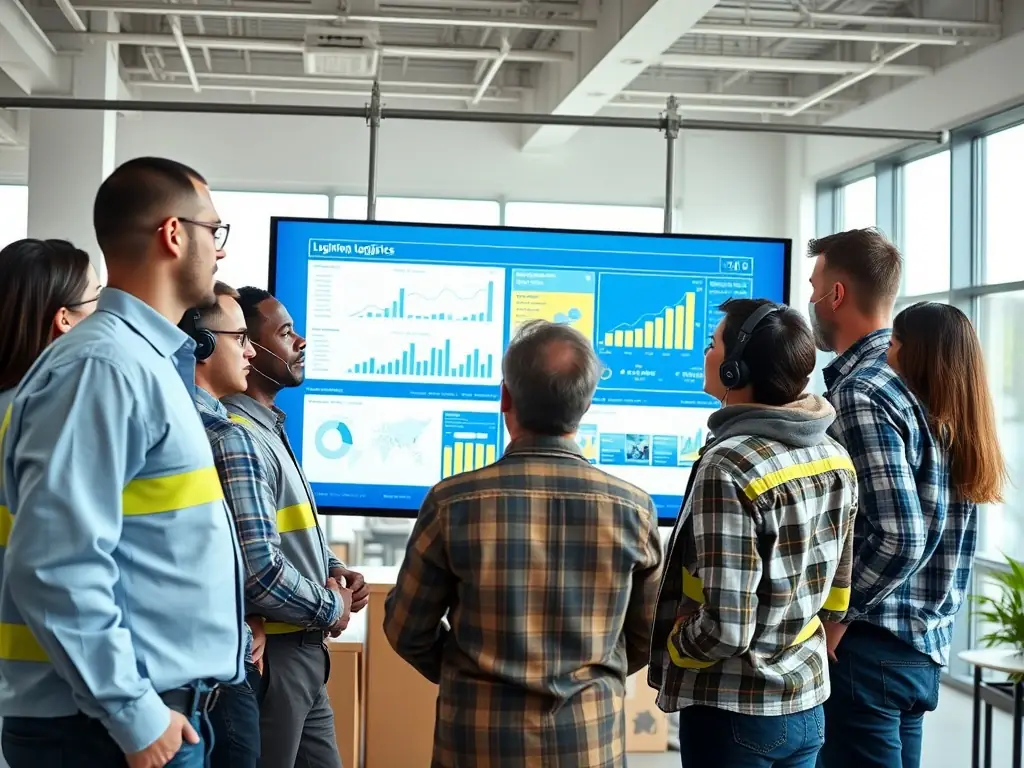Image of a logistics team planning routes with digital maps and transportation assets, emphasizing customized solutions.
