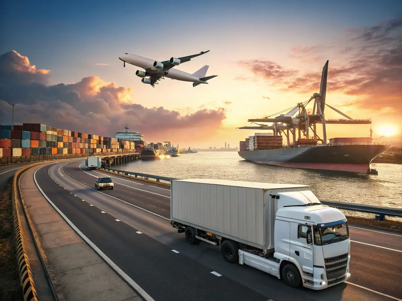 Collage of logistics operations, including trucks, ships, planes, and storage facilities, showcasing the company's comprehensive services.