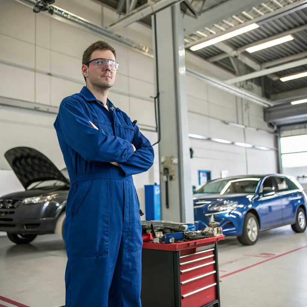 Robert is a man with dark hair and a neatly trimmed beard, wearing safety glasses and a Luxury Auto Boutique shirt.