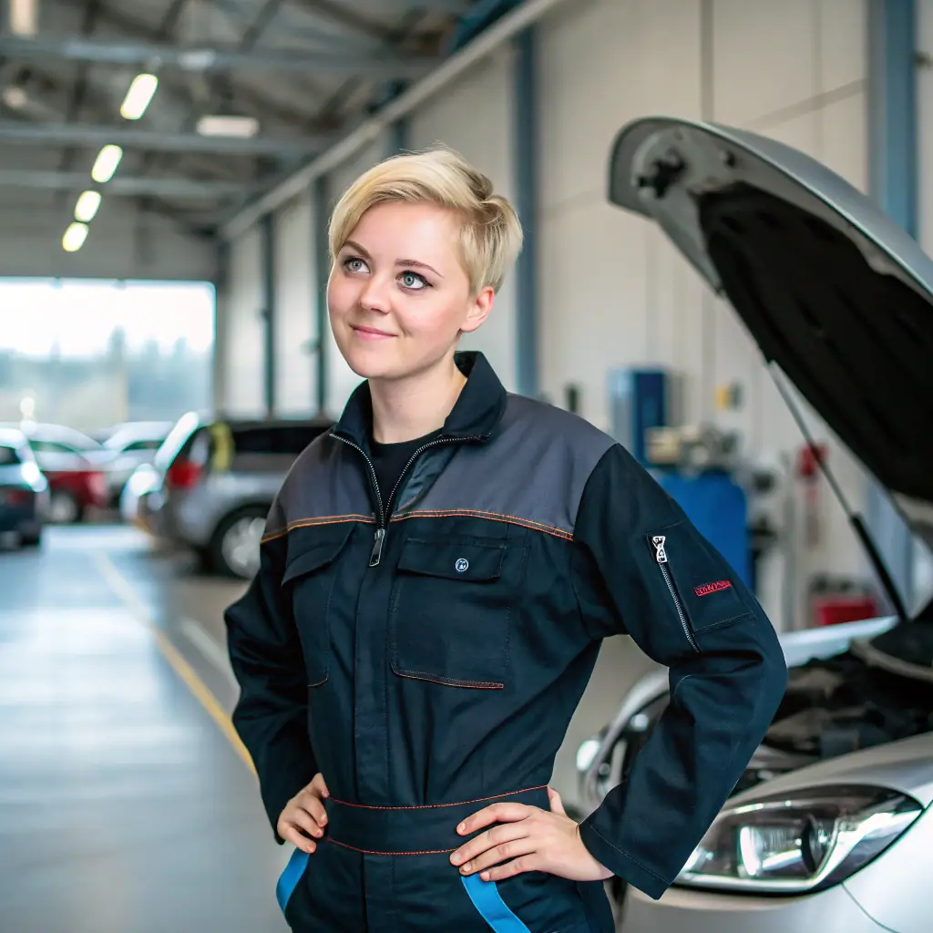 Jane is a woman with short blonde hair, wearing a Luxury Auto Boutique uniform, smiling confidently.