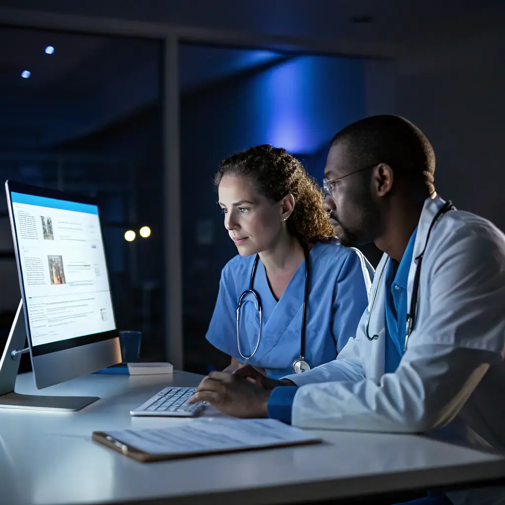 An image depicting a clean, modern office environment with healthcare professionals working on medical billing and claim submissions, emphasizing accuracy and efficiency.