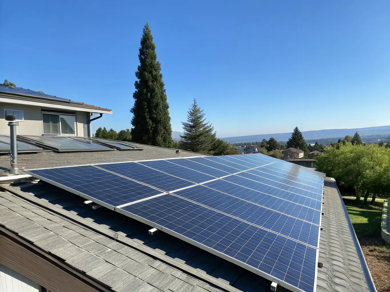 A modern solar panel installation with a clear sky background, emphasizing renewable energy solutions for homes and businesses