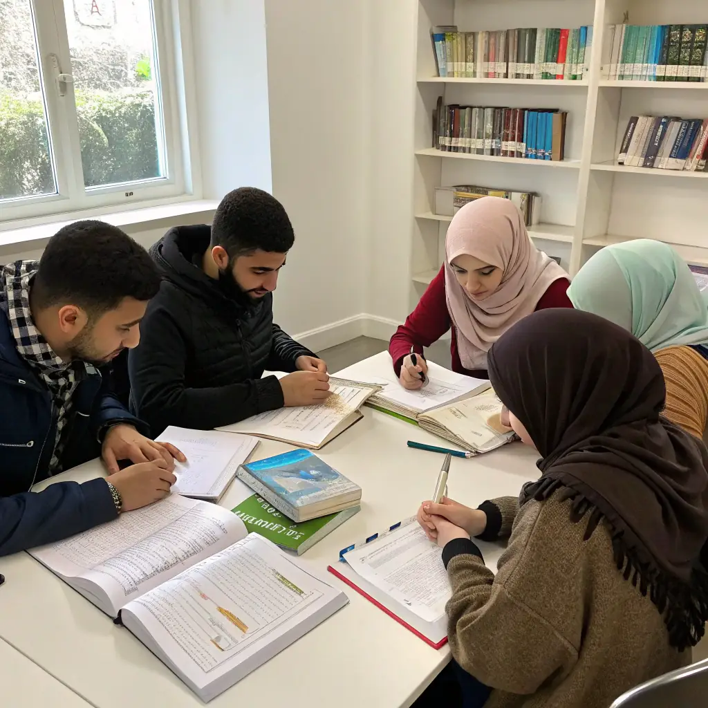 A vibrant group of students and scholars engaged in Islamic and modern sciences, symbolizing the movement's commitment to balanced education and community upliftment.