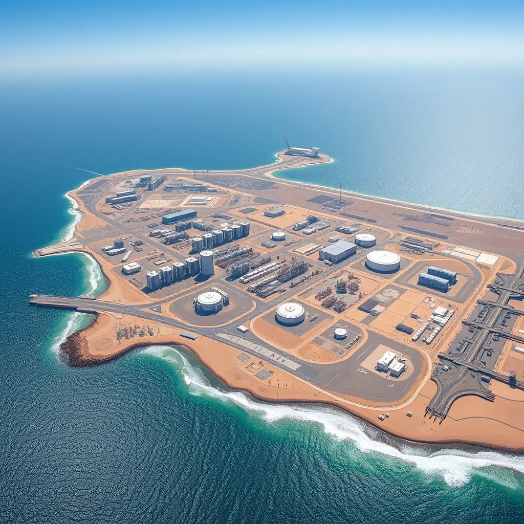Aerial view of Tanajib Aramco Plant near the Persian Gulf, highlighting the oil complex and its infrastructure.