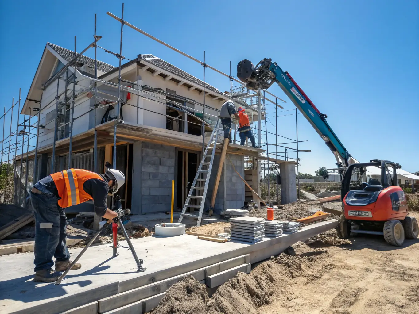 A small house under construction with tools and materials around it.