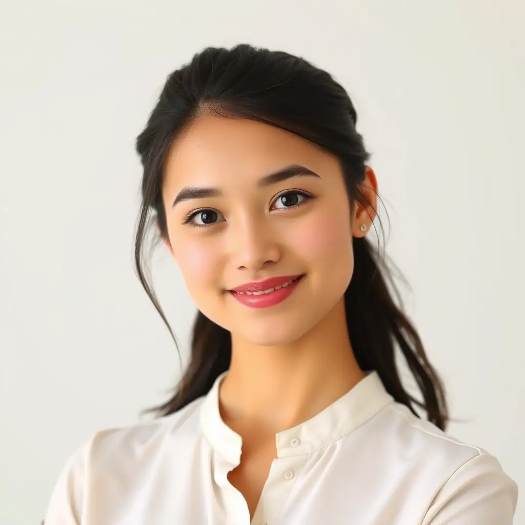 Lisa is a young woman with dark hair pulled back in a ponytail, wearing a serious expression and a white blouse.