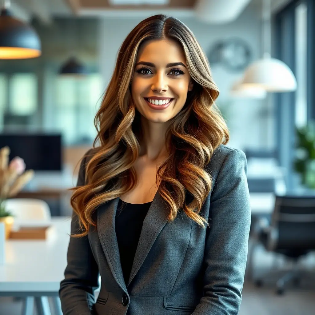 Julia is a woman with long, wavy brown hair and a confident expression, wearing a stylish blazer.