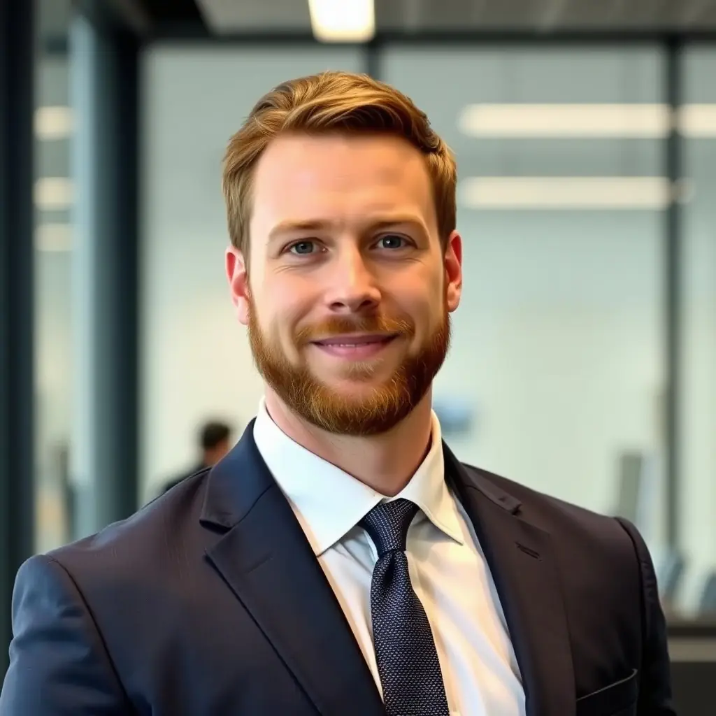 Michael is a tall man with short brown hair and a neatly trimmed beard, wearing a blue suit.