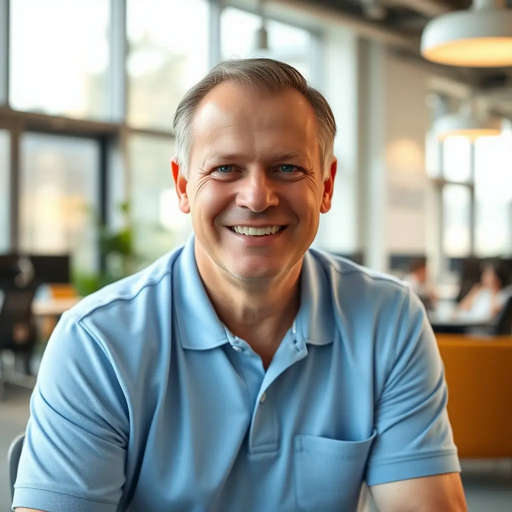 Stefan is a middle-aged man with receding hairline and a friendly smile, wearing a checkered shirt.