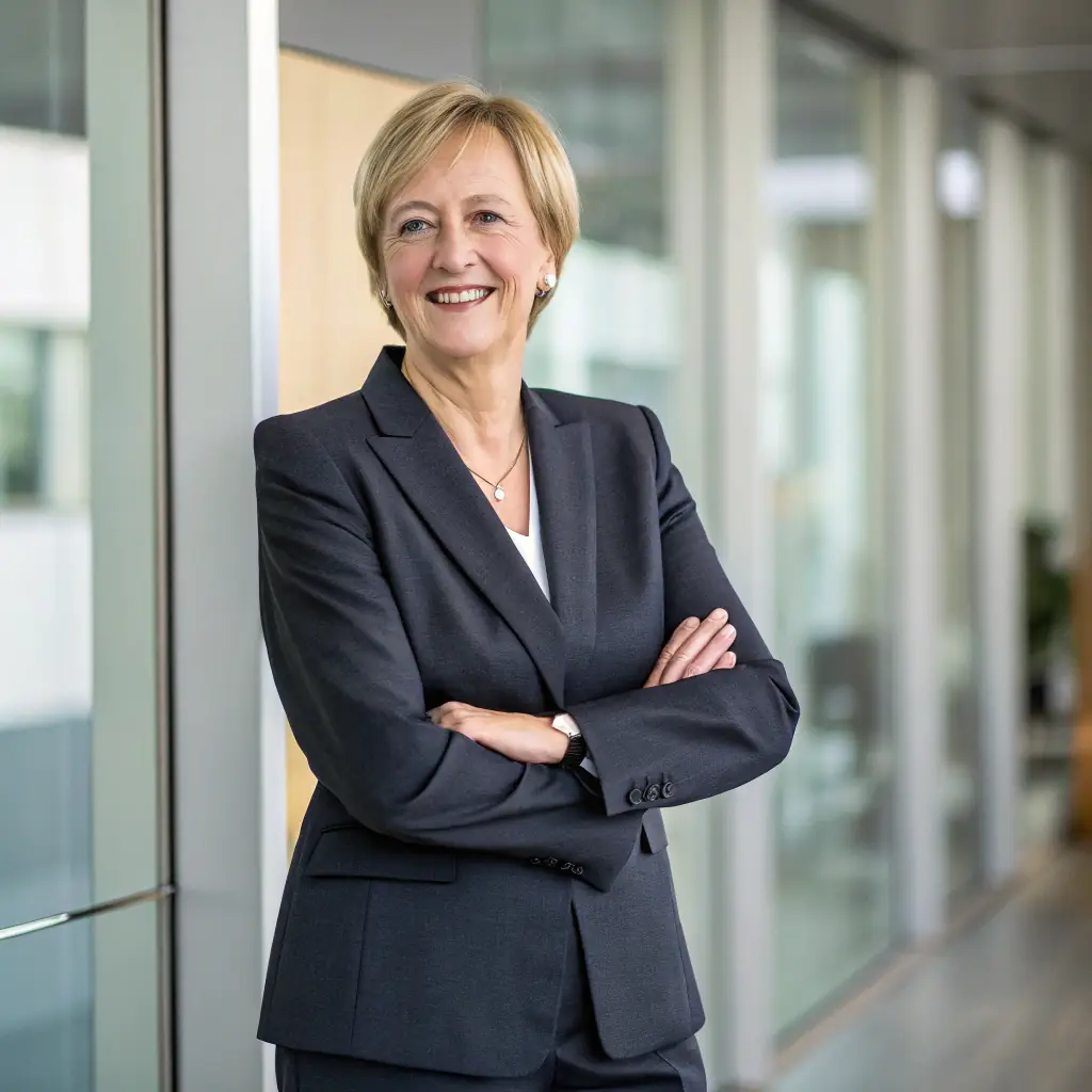 Sabine is a woman with short, stylish gray hair and a professional demeanor, wearing a dark suit.