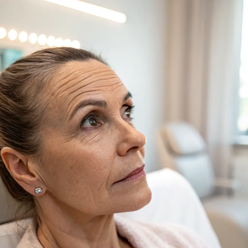 A close-up of a woman's face, focusing on the forehead area, before and after neurotoxin treatment to reduce forehead lines. The after photo shows smoother skin with fewer visible wrinkles. The image should convey a natural and refreshed look.