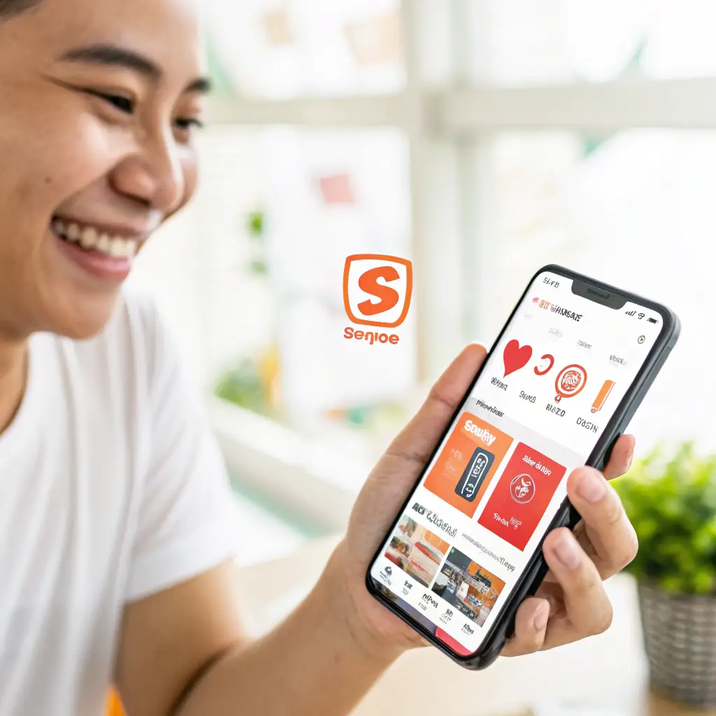 An image showcasing the vibrant and bustling Shopee marketplace interface on a mobile phone, highlighting the platform's mobile-first approach and popularity in Southeast Asia. The image should convey a sense of opportunity and growth for Amazon sellers looking to expand into this region.