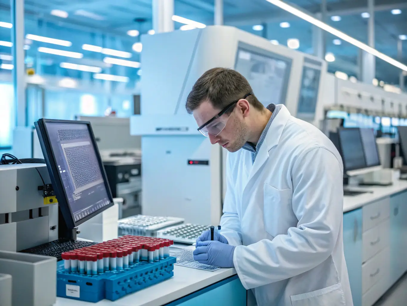laboratory technician analyzing samples with advanced equipment, emphasizing precision and expertise
