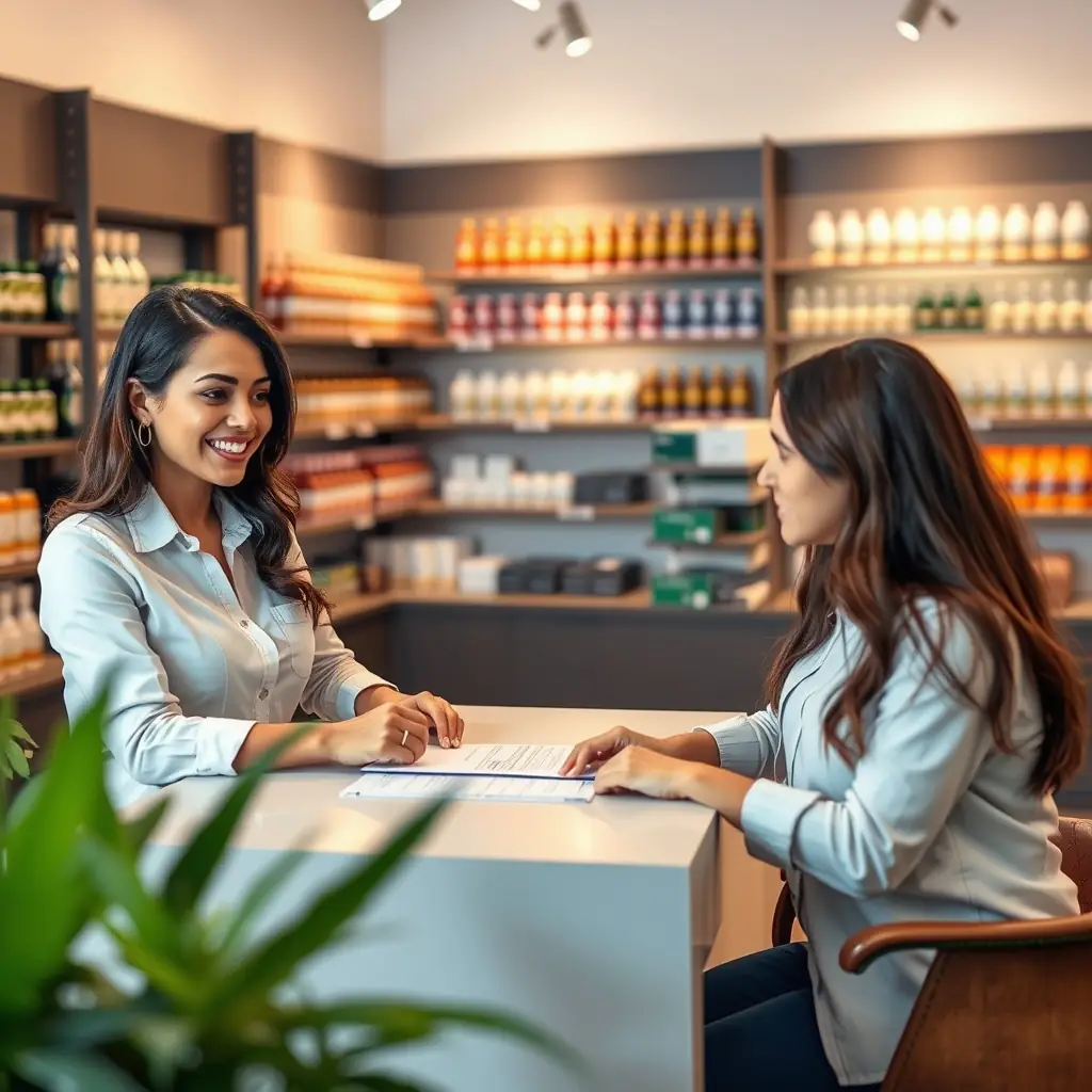 A friendly and helpful MrGreenDc staff member assisting a new customer with the registration process on a tablet in a bright, modern dispensary setting.