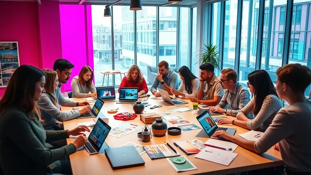 A diverse group of creative professionals collaborating on their portfolios in a modern workspace.