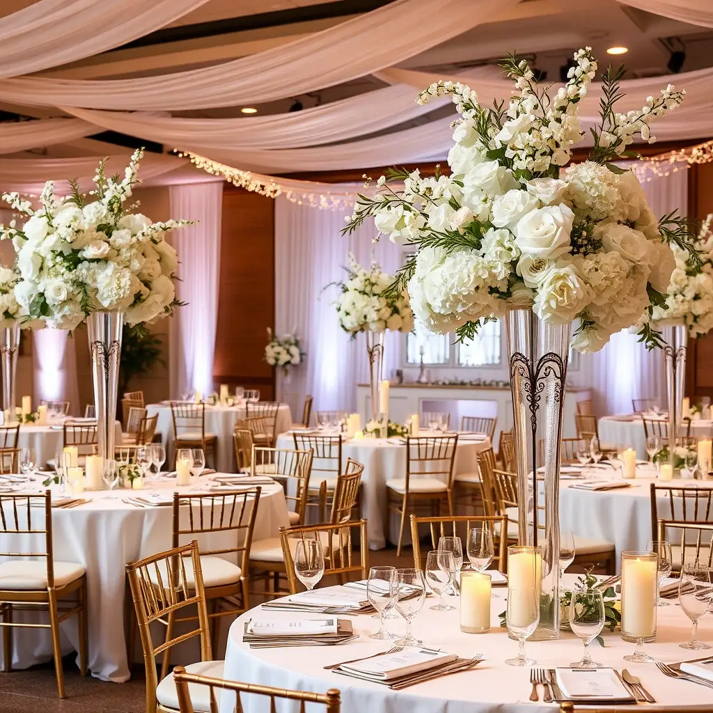 A beautifully decorated ballroom at Lermonteno Hotel, set up for a wedding reception with elegant floral arrangements and soft lighting, showcasing the hotel's event hosting capabilities.