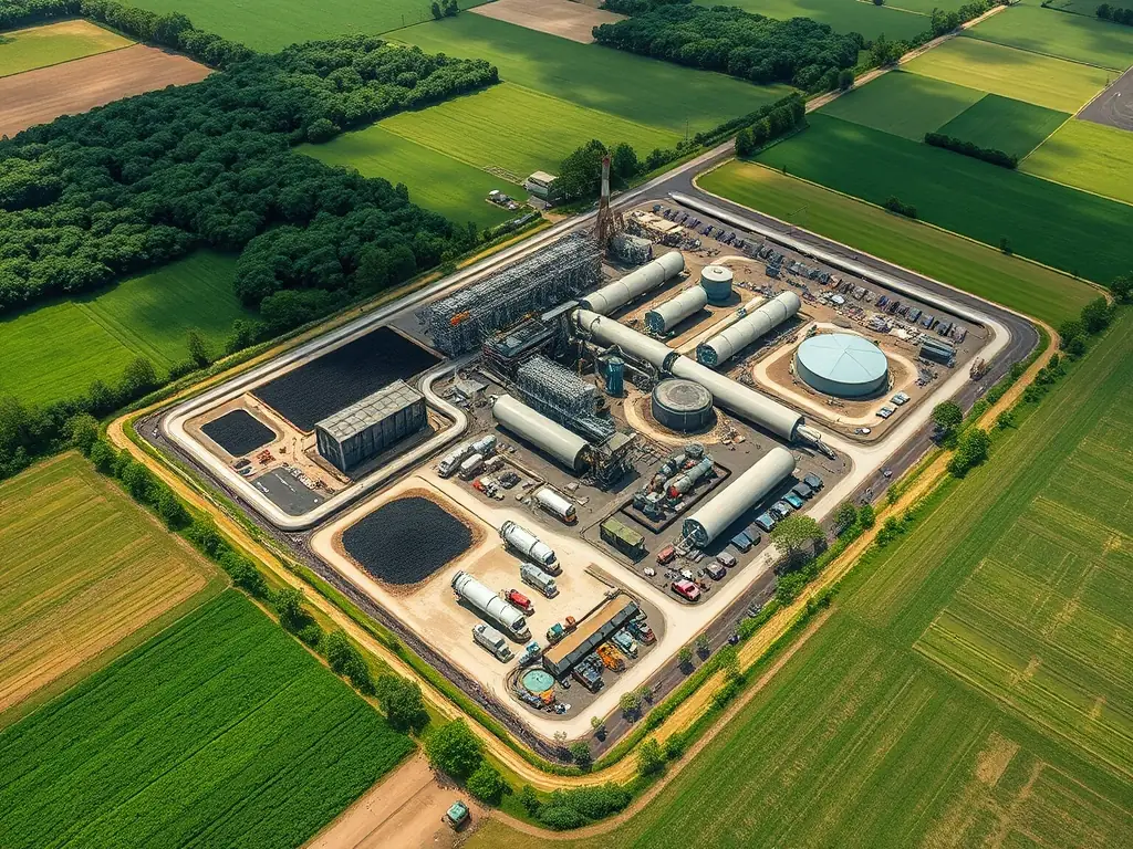 An aerial view of a biochar production facility, emphasizing the role of biochar and green methanol in carbon credit generation and greenhouse gas reduction.