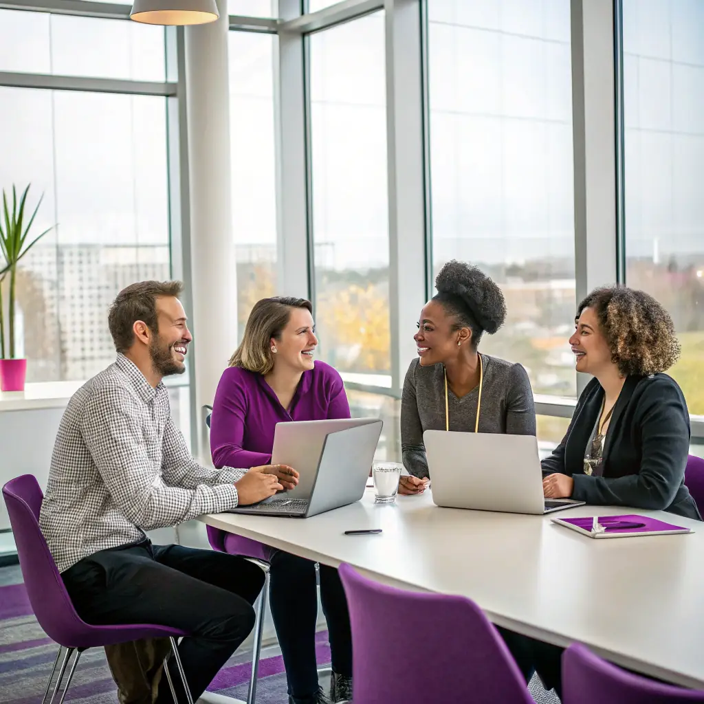 A team of brand strategists collaborating in a modern office, brainstorming and developing a brand strategy for a client. The image should convey professionalism, creativity, and strategic thinking.