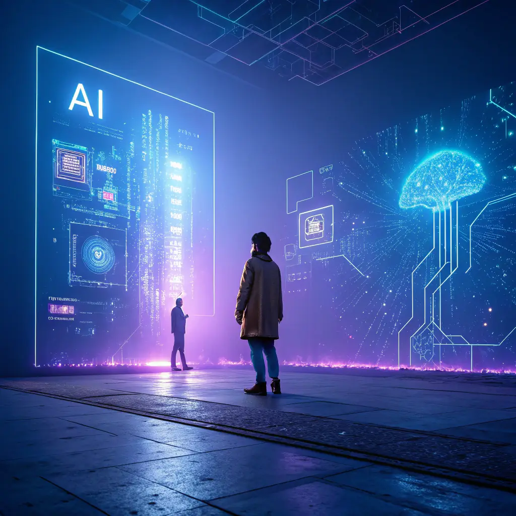 A futuristic, abstract representation of an AI agent orbiting a stylized online store icon, symbolizing the integration of AI in enhancing e-commerce business operations. The color scheme should be modern and tech-focused, with gradients of blue and purple.