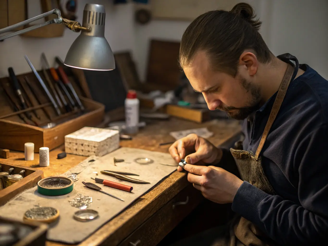 A jewelry workshop with a person working on a stainless steel jewelry piece, macro shot, rounded edges.