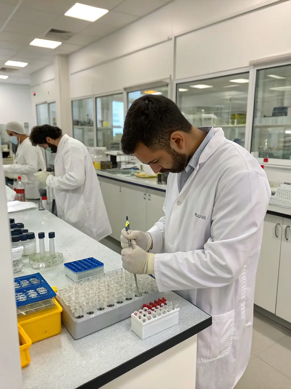 A laboratory setting with a technician in a lab coat inspecting soap samples, highlighting stringent quality control measures at every stage of production.