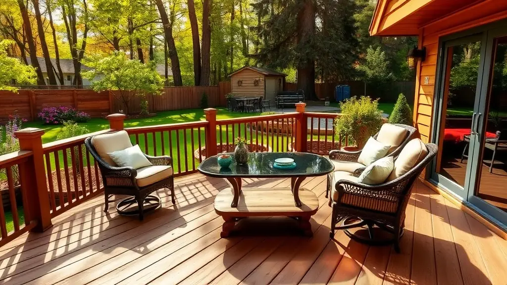 A freshly stained wooden deck in a Cincinnati backyard, with outdoor furniture and landscaping visible.
