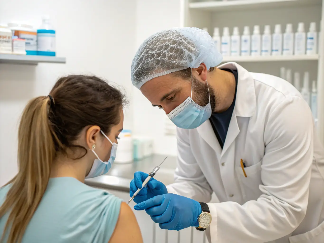 A digital illustration of a medical professional administering an IV infusion to a patient in a comfortable, modern clinic setting. The focus is on the care and precision involved in the treatment process.