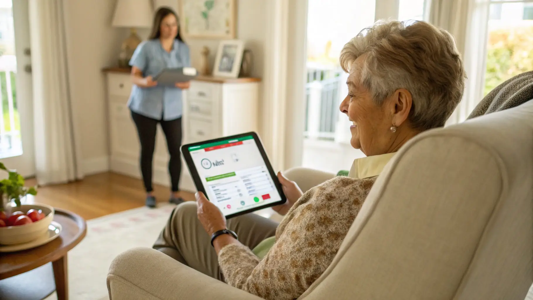 A placeholder video thumbnail depicting a person using assistive technology with a supportive caregiver, set in a modern, accessible home environment.